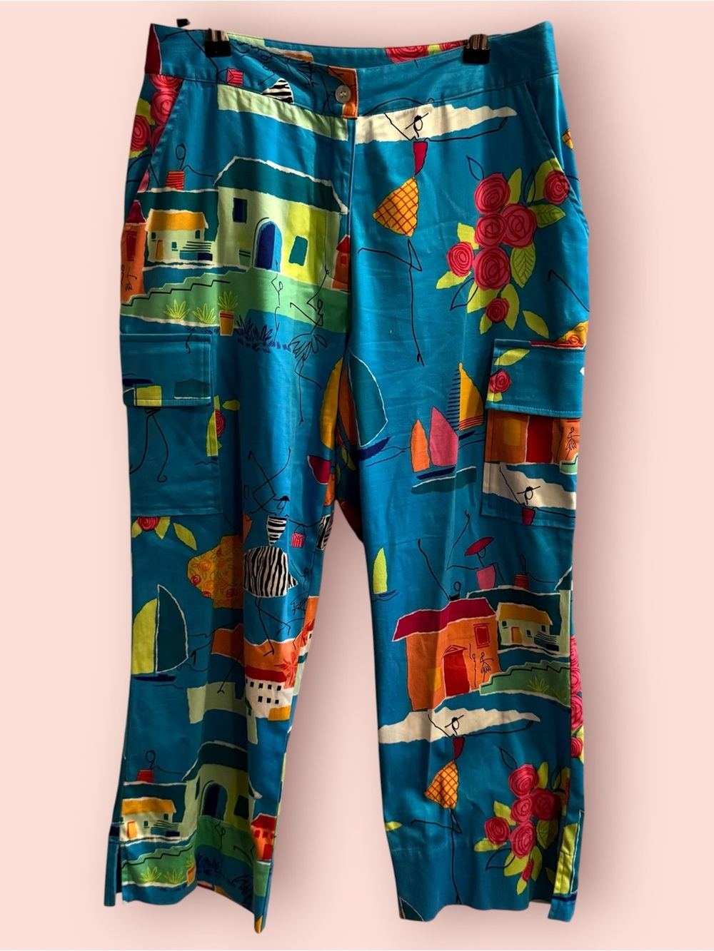 Catherine Stewart BonBellePointe Coastal Print Cargo Crop Pants Size 8 Made USA